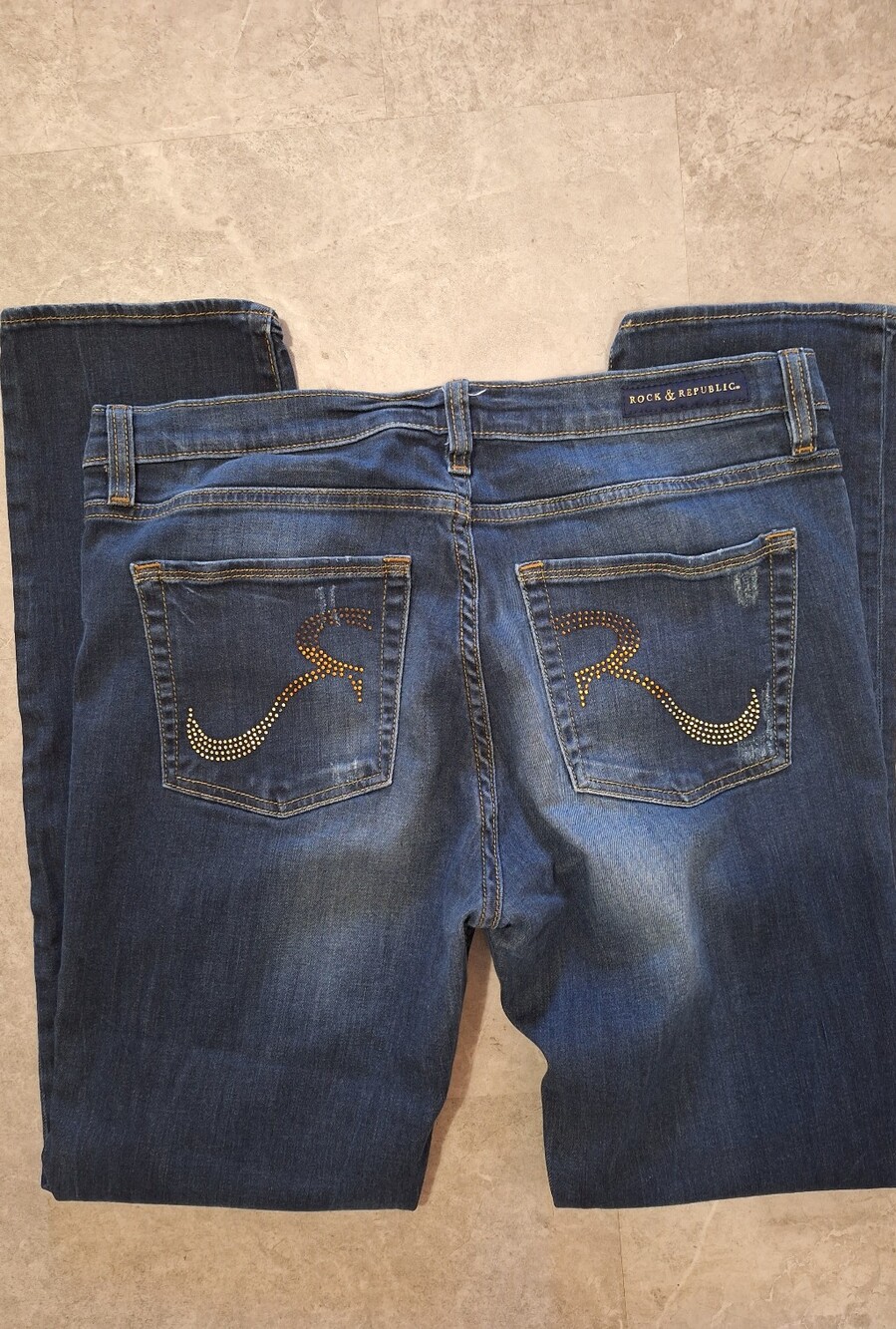 Rock & Republic Dark Blue Jeans with Gold & Silver Stud Pockets